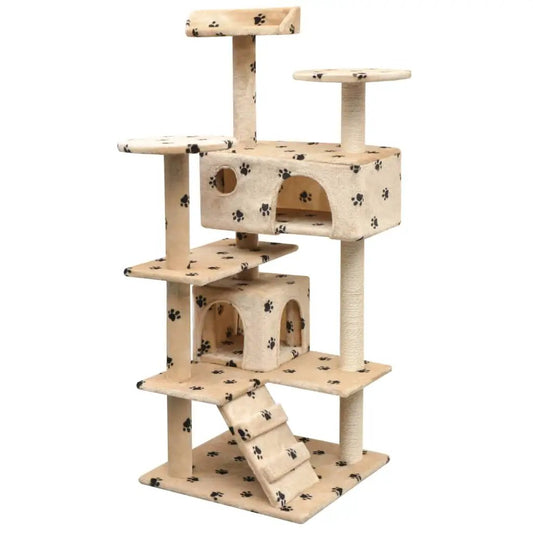 Katzen-Kratzbaum 125 cm beige mit Pfoten-Aufdruck, vidaXL