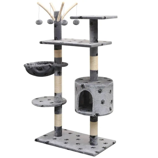 Katzen-Kratzbaum 125 cm grau mit Pfoten-Aufdruck; Sisal-Säulen, Höhle und Plattformen