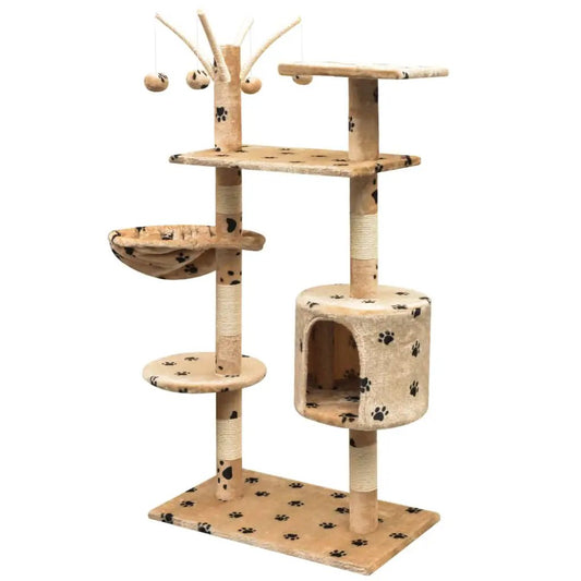 Katzen-Kratzbaum 125 cm beige mit Pfoten-Aufdruck; mehrstöckiger Turm mit Höhle, Sisal-Säulen und Spielbällen