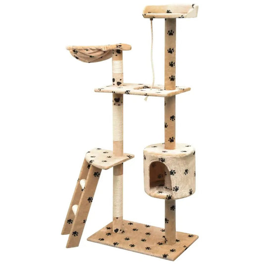 Katzen-Kratzbaum Sisal 150 cm Beige mit Pfoten-Aufdruck, vidaXL, mehrstöckiger Kratzbaum mit Höhle