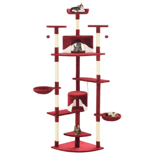 Katzen-Kratzbaum, rot-weiß, 203 cm, Sisal-Kratzsäulen; zeigt drei Katzen