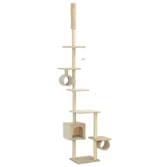 Katzen-Kratzbaum Beige mit Sisal-Kratzsäulen, 260 cm, Höhle, Spielröhre und mehreren Ebenen