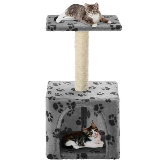 Katzen-Kratzbaum Sisal 55 cm Grau Pfoten-Aufdruck – vidaXL, grauer Kratzbaum mit Sisalstamm und Plüschplattform