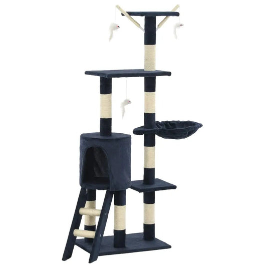 Katzen-Kratzbaum 138 cm dunkelblau mit Sisal-Säulen, Höhle, Plattformen und Leiter