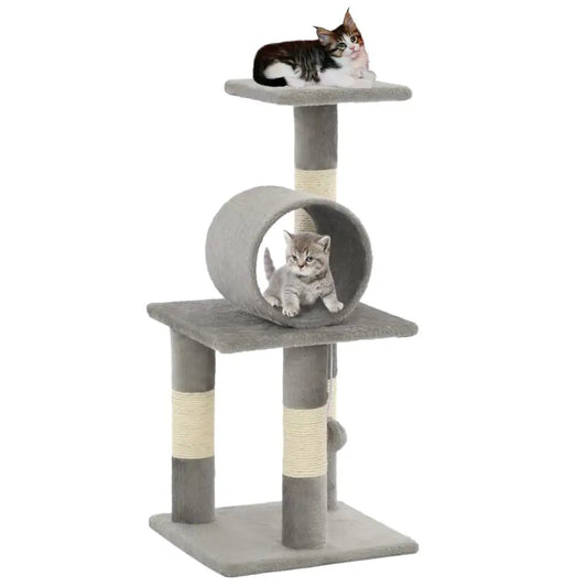 Katzen-Kratzbaum grau, 65 cm, Sisalstämme, mehrstöckig mit Plattform und Tunnel