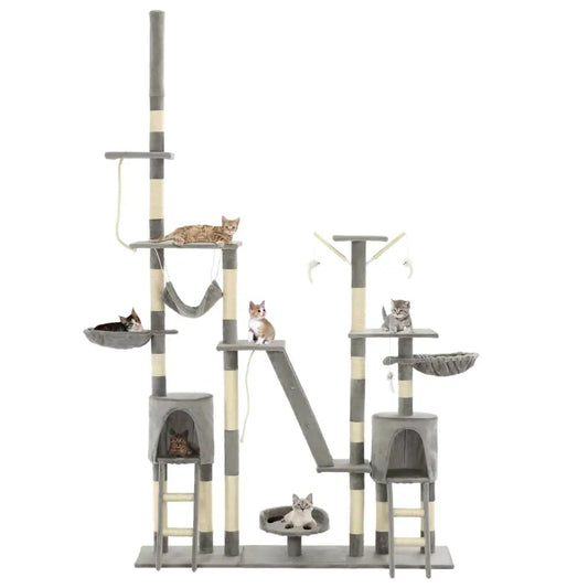 vidaXL Katzen-Kratzbaum, 230–250 cm, grau; Sisal-Kratzsäulen, Höhle, Hängematte, Ebenen.