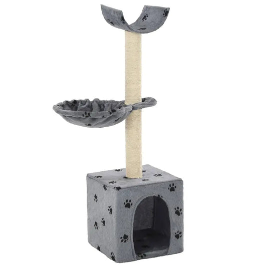 Katzen-Kratzbaum in Grau mit Sisal-Säulen und Pfoten-Aufdruck; 105 cm, Basis mit Höhle