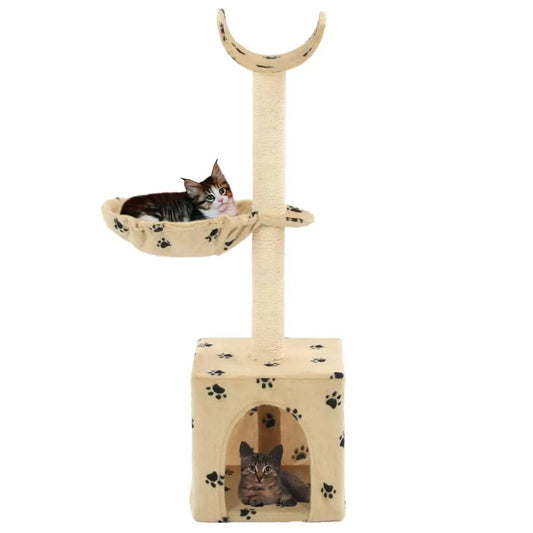 Katzen-Kratzbaum beige 105 cm mit Sisal-Säulen, Pfoten-Aufdruck; 2 Katzen nutzen Höhle und Hängematte