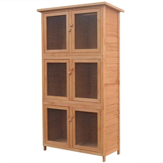 Kleintier-/Kaninchenstall aus Holz, 6 Boxen, Naturholz mit Drahtgittertüren
