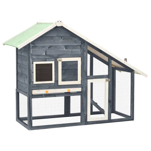 Kaninchenstall Grau und Weiß aus Tanne Massivholz, 140x63x120 cm, mit Drahtgehege