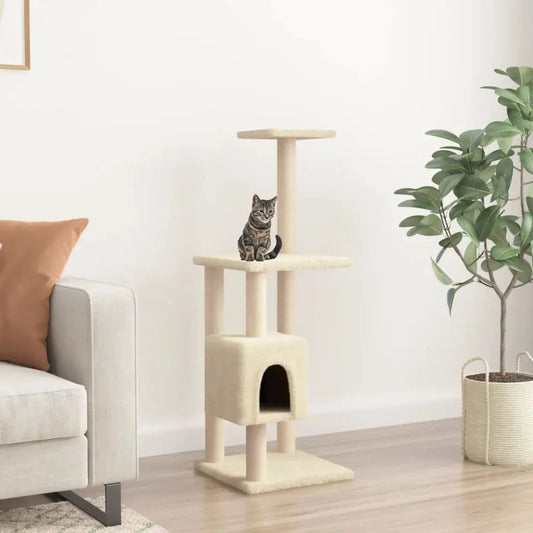 vidaXL Kratzbaum Creme 104 cm mit Sisal-Kratzsäulen, Katze sitzt auf der mittleren Plattform