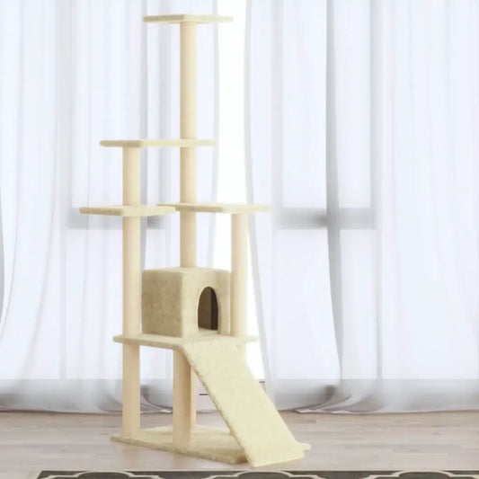 vidaXL Kratzbaum Creme 155 cm mit Sisal-Kratzsäulen, mehrstöckig mit Höhle und Rampe