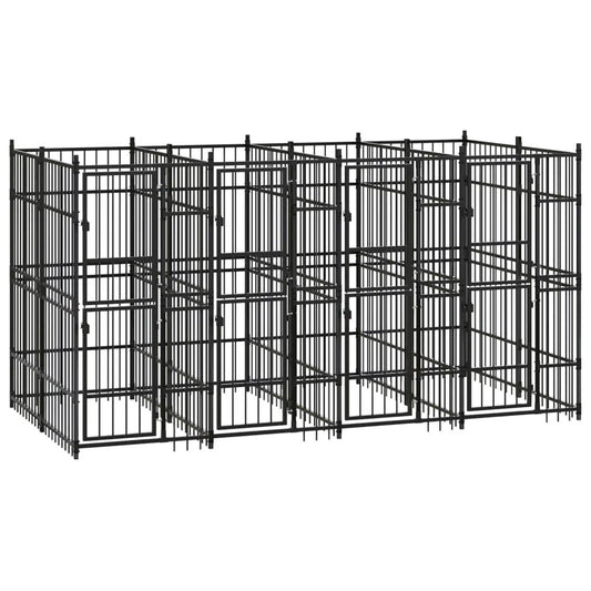 Outdoor black steel dog kennel 7.37 m², modular with connected runs vidaXL