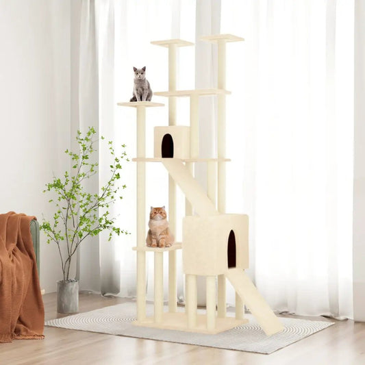 Kratzbaum Creme 190 cm mit Sisal-Kratzsäulen, mehrstöckiger Katzenbaum