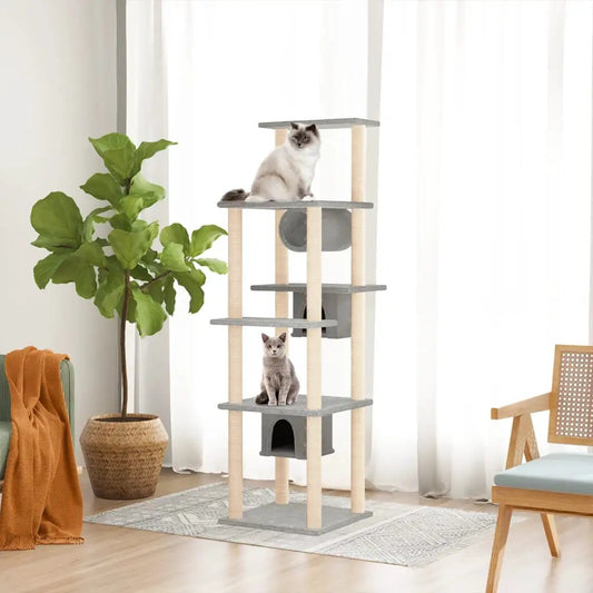 Kratzbaum mit Sisal-Kratzsäulen, hellgrau, 169 cm, mehrstufiger Katzen-Kletterturm, ideal für Katzen, vidaXL