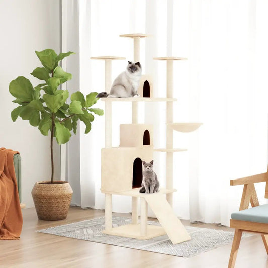 Kratzbaum mit Sisal-Kratzsäulen Creme 175 cm, cremefarbener Katzenbaum mit 2 Katzen auf mehreren Ebenen