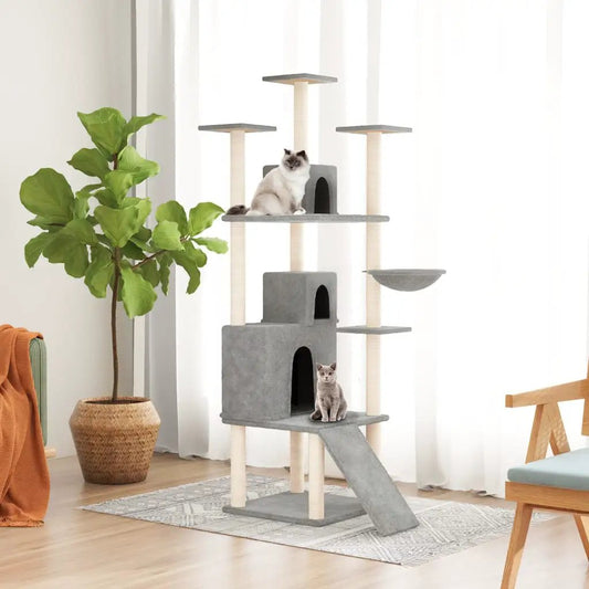 vidaXL Kratzbaum, hellgrau, 175 cm, Sisal-Kratzsäulen, mehrstöckig mit Rampe, mit zwei Katzen