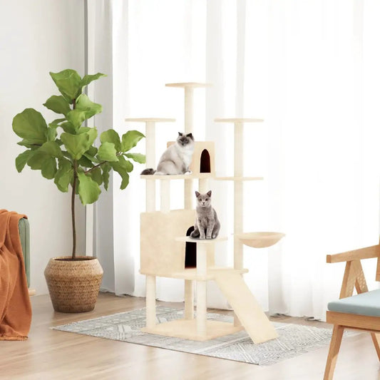Kratzbaum Creme 154 cm mit Sisal-Kratzsäulen, mehrstufiges Katzenmöbel mit Höhle und Rampe.