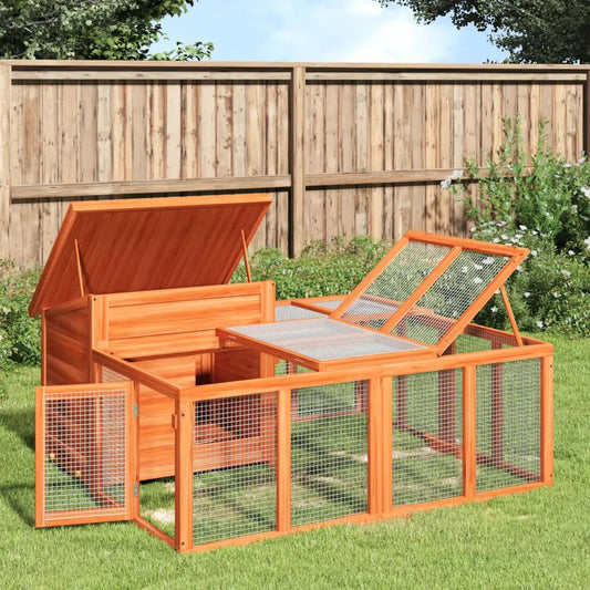 vidaXL Kaninchenstall Braun aus Massivholz Kiefer, 144x123x67,5 cm, mit Drahtgitter-Laufgehege