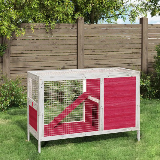 Kaninchenstall aus Massivholz Kiefer, rot, 103x44x69,5 cm, mit Drahtgitter und rotem Paneel