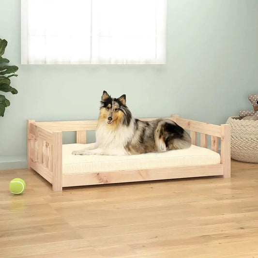 Hundebett aus Naturholz mit beiger Polsterung, Größe 95,5 × 65,5 × 28 cm