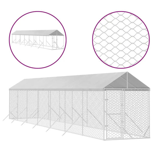 Outdoor-Hundezwinger mit Dach silbern, vidaXL Stahl verzinkt, 2x14x2,5 m