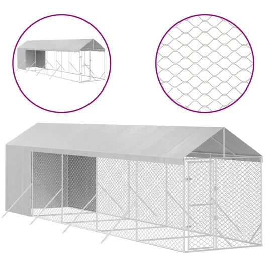 Outdoor-Hundezwinger mit Dach aus verzinktem Stahl, silbern, vidaXL, 2x10x2,5 m.