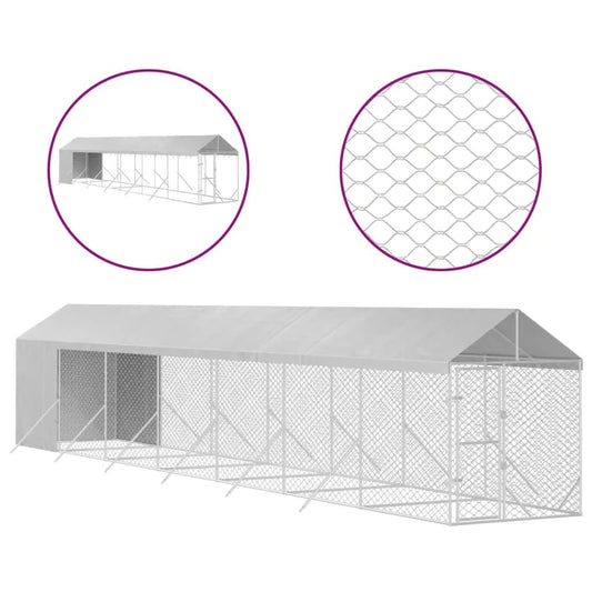 Outdoor-Hundezwinger mit Dach aus verzinktem Stahl, silberfarben, vidaXL 2x14x2,5 m