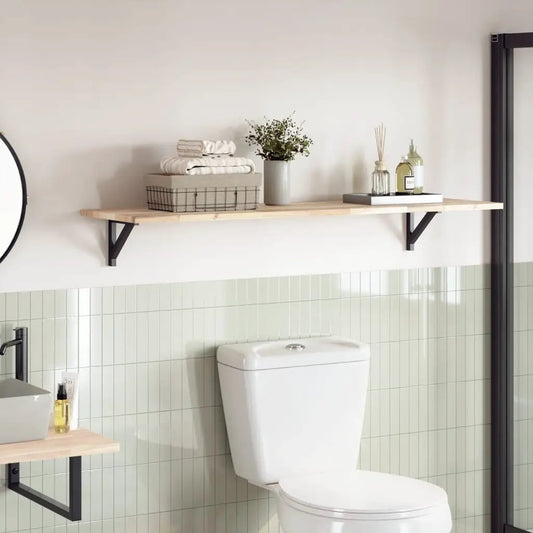 Tischplatte 120x40x2 cm aus Massivholz Akazie, rechteckig – als Badezimmer-Wandregal montiert