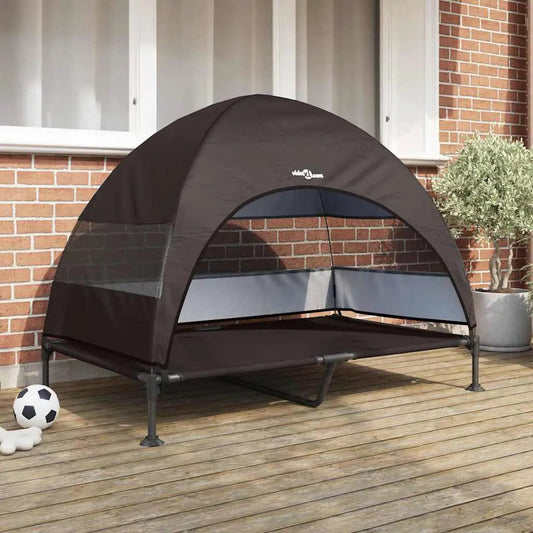 Hochgelegenes Hundebett aus Stoff und Stahl in Braun von vidaXL, 127 x 81 x 108 cm.