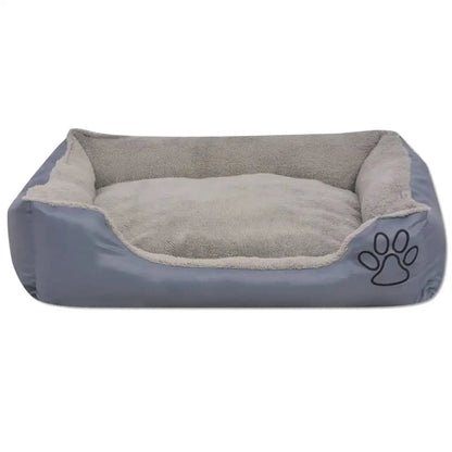 Hundebett vidaXL Größe M aus grauem Außenbezug mit gepolstertem beigem Innenkissen und Pfotenlogo