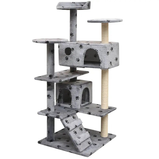 Katzen-Kratzbaum 125 cm grau mit Pfoten-Aufdruck, vidaXL