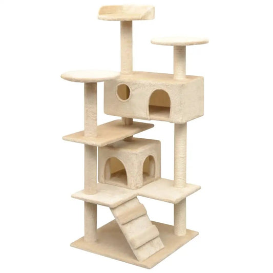 Katzen-Kratzbaum Sisal 125 cm Beige, mehrstöckig mit Höhlen, Rampen und Plattformen