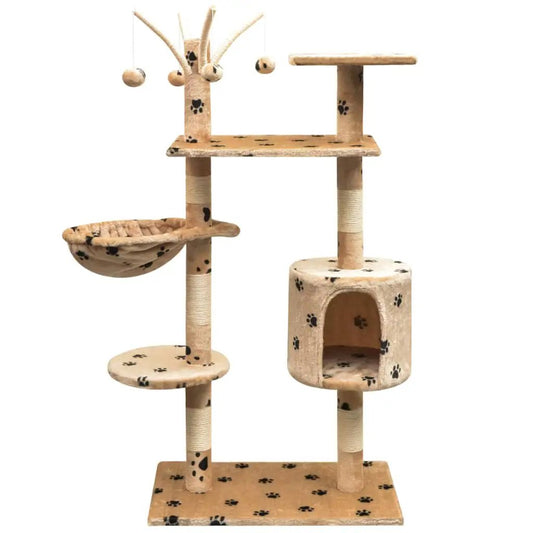 Katzen-Kratzbaum 125 cm beige mit Pfoten-Aufdruck von vidaXL – mehrstöckiger Kratzbaum mit Höhle und Sisal-Säulen