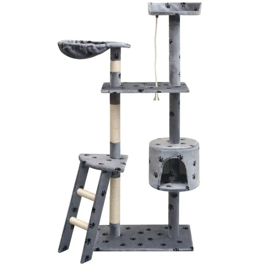 vidaXL Katzen-Kratzbaum 150 cm Grau mit Pfoten-Aufdruck; mehrstufiger Kratzbaum mit Höhle und Sisal-Säulen