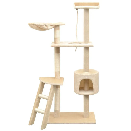 Katzen-Kratzbaum Sisal 150 cm Beige – mehrstöckiger Kratzbaum mit Höhle, Leiter und Plattformen