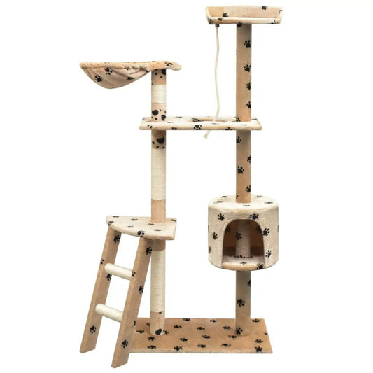 Katzen-Kratzbaum vidaXL, Sisal 150 cm beige mit Pfoten-Aufdruck, mehrstöckig mit Höhle, Leiter und Spielplattformen