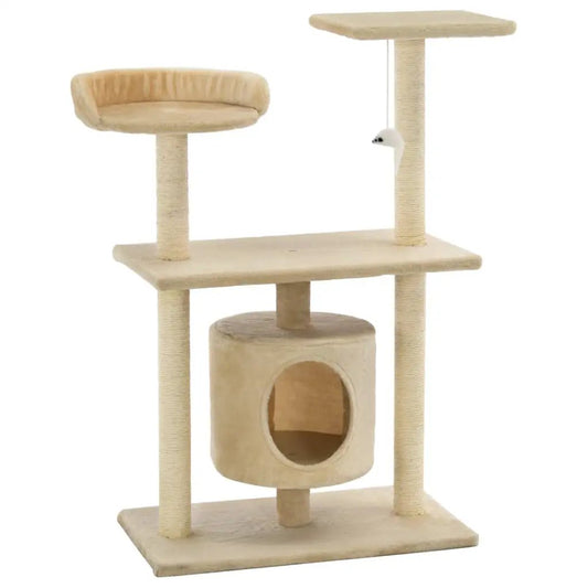 Katzen-Kratzbaum Sisal 95 cm Beige – mehrstöckiger Kratzbaum mit Sisalstämmen, Höhle und zwei Plattformen