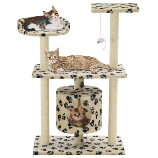 Katzen-Kratzbaum Sisal 95 cm Beige Pfoten-Aufdruck, mehrstufiger Kratzbaum mit Spielmaus