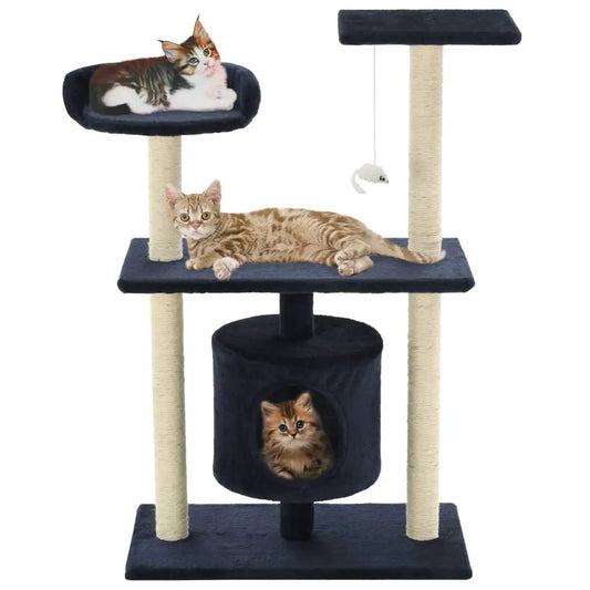 Katzen-Kratzbaum Sisal 95 cm Dunkelblau von vidaXL – mehrstöckiges Katzenspielhaus mit Höhle und hängender Spielmaus