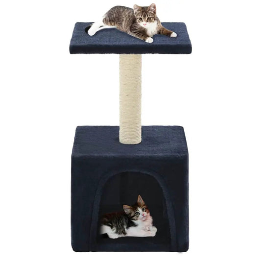 Katzen-Kratzbaum Sisal 55 cm dunkelblau von VidaXL; Höhle unten, obere Plattform, 2 Katzen sichtbar