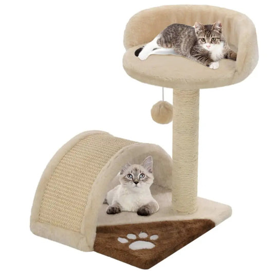 Katzen-Kratzbaum Sisal 40 cm Beige und Braun mit Kratzfläche, Höhle und Spielball