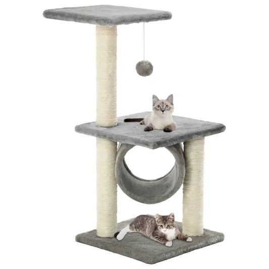 Katzen-Kratzbaum Sisal 65 cm Grau, mehrstöckiger Kratzbaum mit Tunnel und Spielball