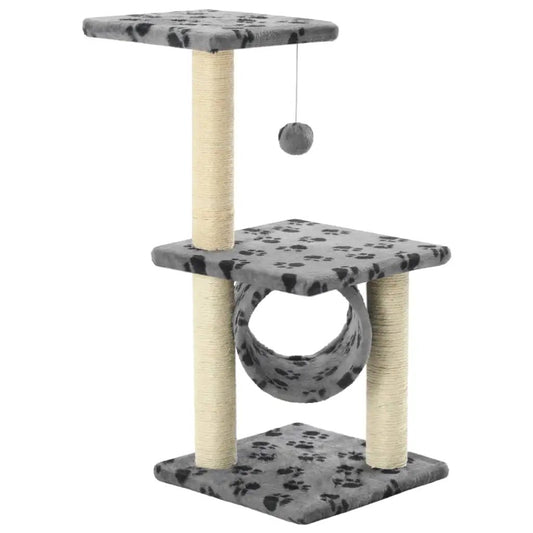 Katzen-Kratzbaum Sisal 65 cm Grau Pfoten-Muster, zwei Plattformen, Sisal-Säulen und hängendem Spielball
