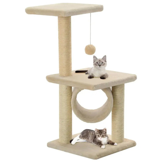 Katzen-Kratzbaum Sisal 65 cm Beige, mehrstöckiger Kratzbaum mit Sisal-Säulen und Hängeball