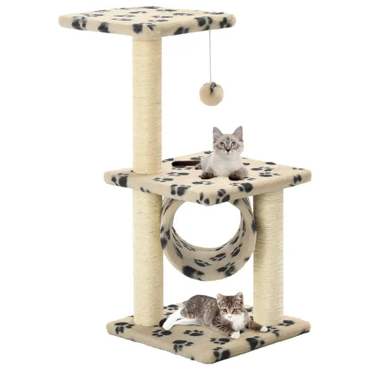 Katzen-Kratzbaum aus Sisal, beige Pfoten-Aufdruck, 65 cm hoch, mit Tunnel und hängendem Spielball