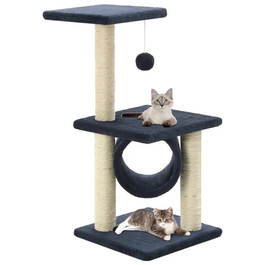 Katzen-Kratzbaum Sisal 65 cm Dunkelblau, mehrstöckig mit Tunnel und hängendem Spielball