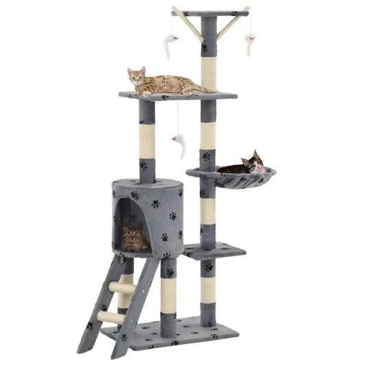 Katzen-Kratzbaum von vidaXL, 138 cm, grau, Pfoten-Aufdruck, Sisal, 3 Katzen