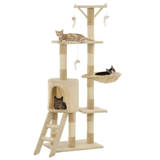 Katzen-Kratzbaum beige 138 cm mit Sisal-Säulen, Höhle, Hängematte, Leiter – drei Katzen von vidaXL