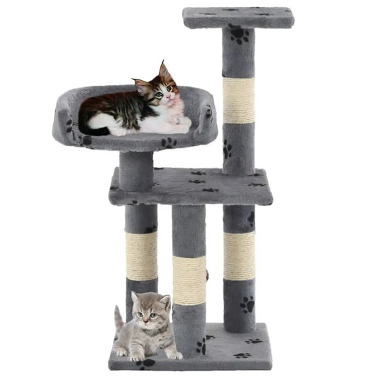 Katzen-Kratzbaum VidaXL Grau 65 cm mit Sisal-Säulen und Pfoten-Aufdruck; 2 Katzen zu sehen